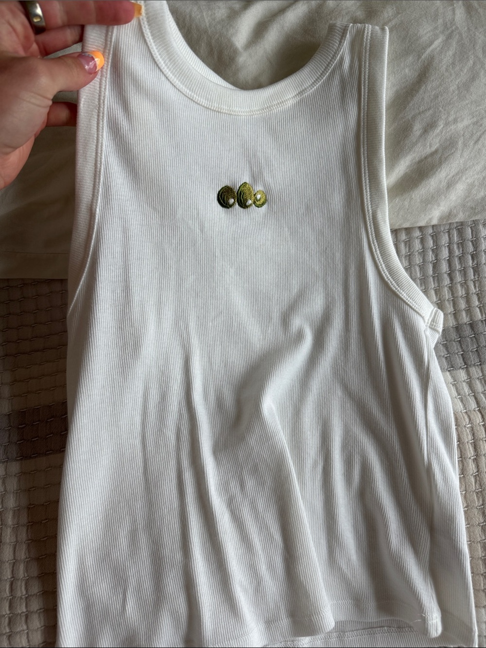 White Ribbed Tank with Small Olive Embroidery